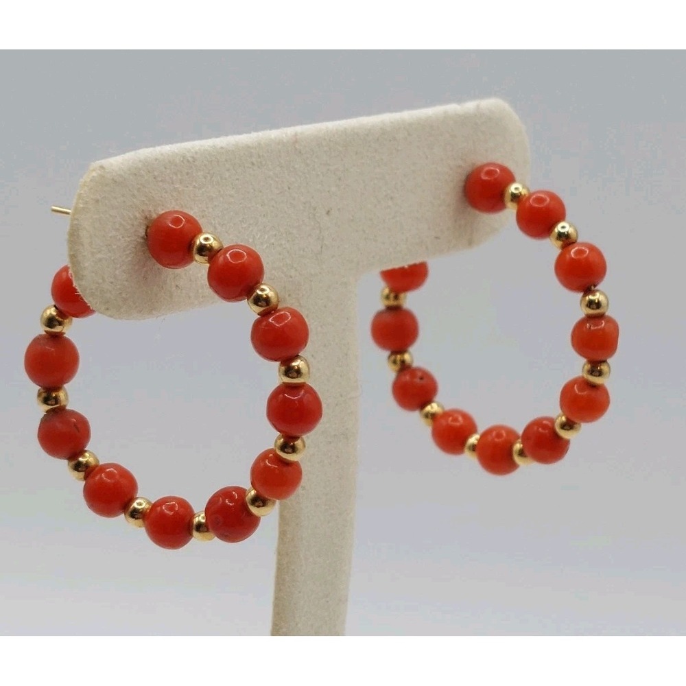 14K Gold Red Coral Bead Hoop Earrings Southwestern Western Vintage Retro Jewelry